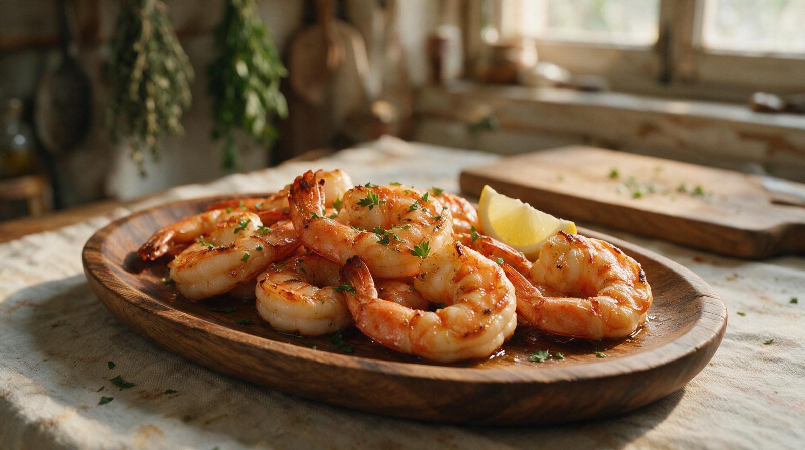 Gros plan de camarones cuits à la perfection sur un plat en bois rustique, avec herbes et citron en arrière-plan.