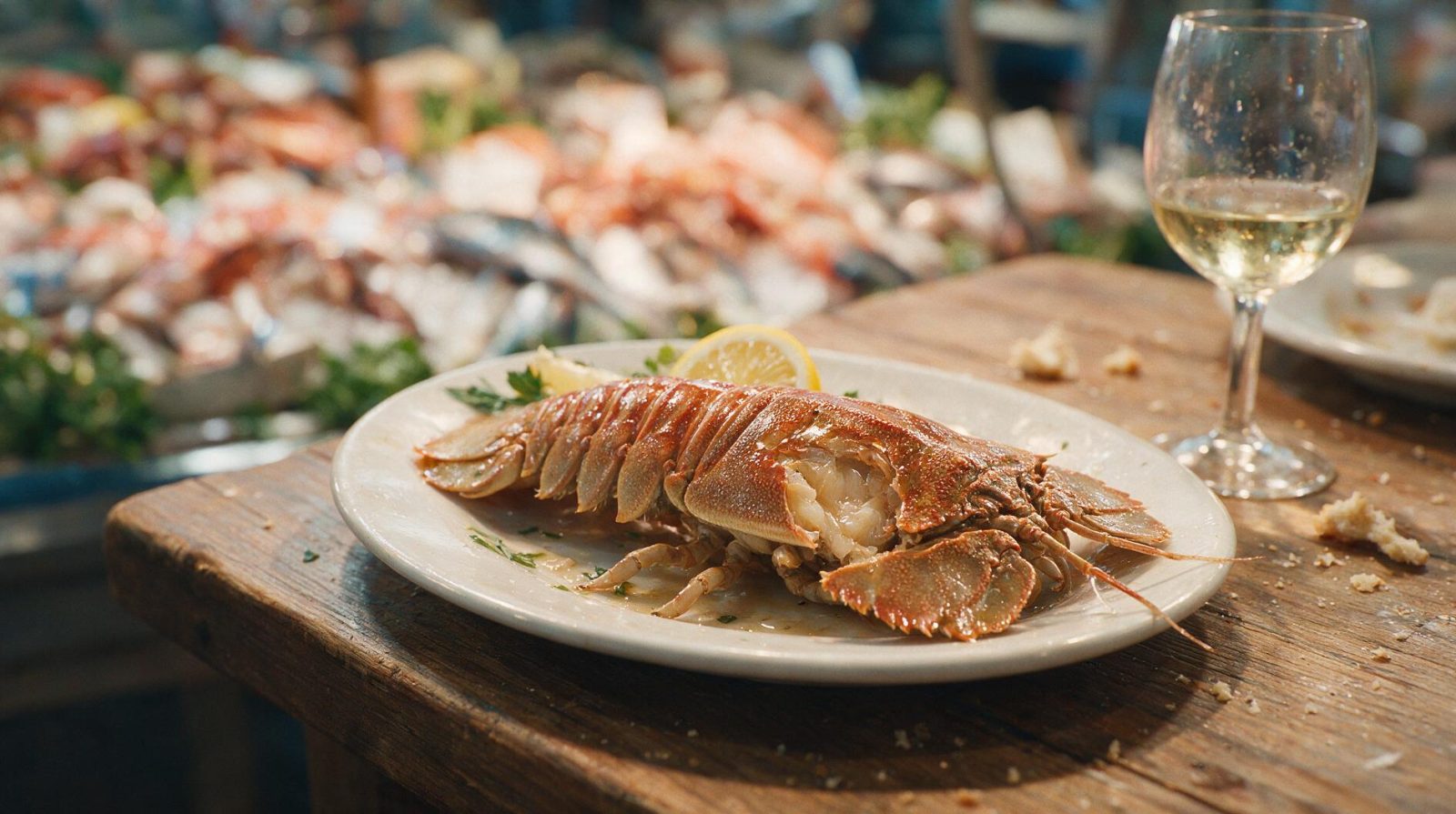 Un plat de cigale de mer cuite sur une table en bois rustique, décorée d'un citron et d'herbes.
