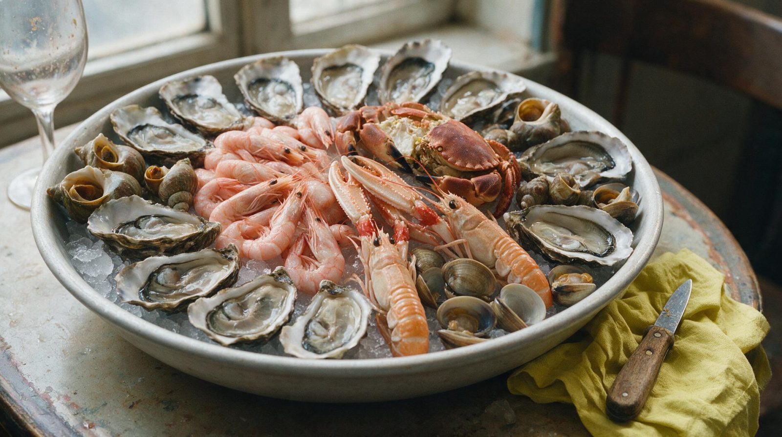Grand plateau de fruits de mer garni d'huîtres, langoustines, tourteau, crevettes et bulots sur glace pilée.