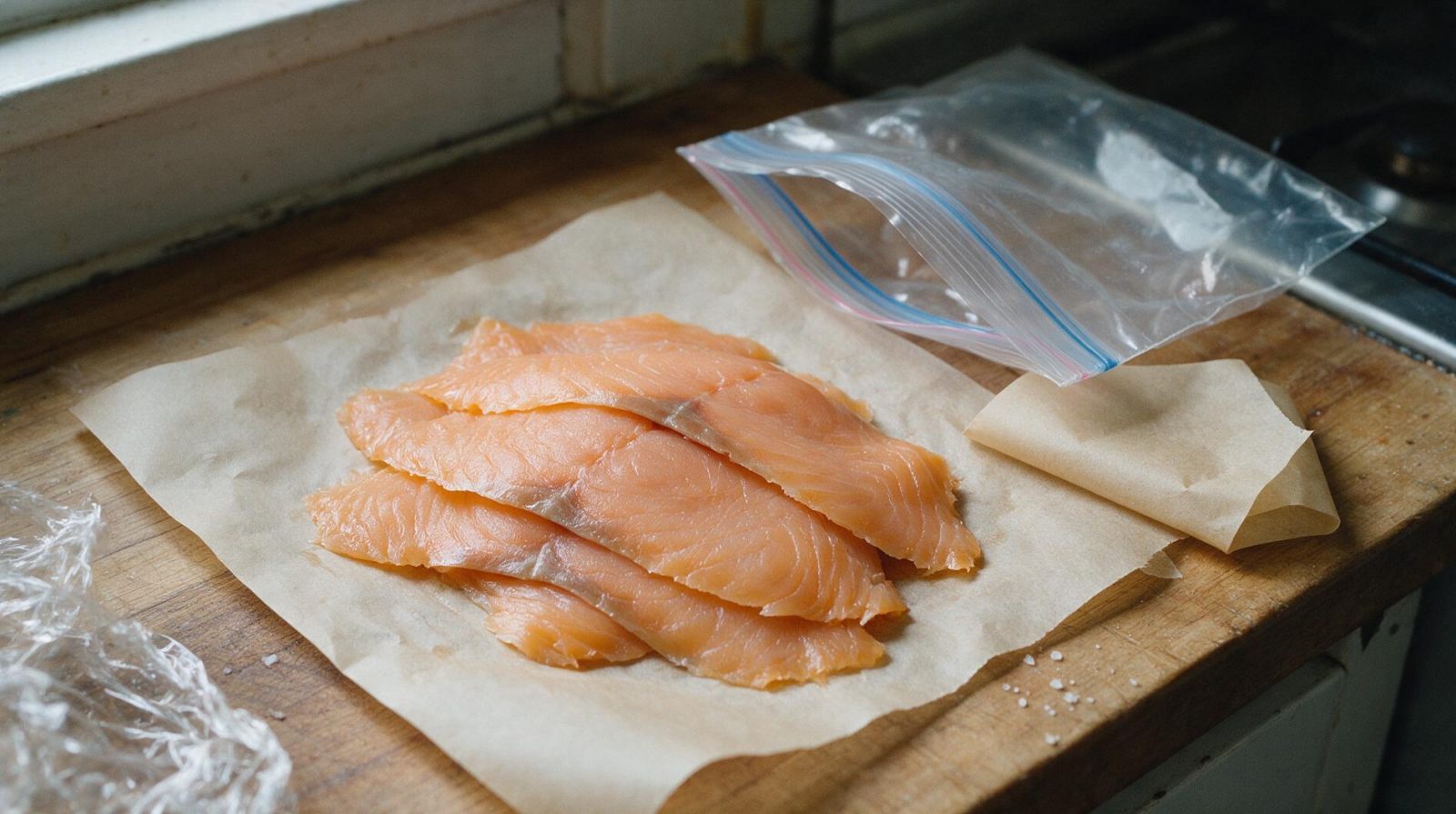 Tranches de saumon fumé posées sur papier sulfurisé près d'un sac de congélation, sur une surface en bois.