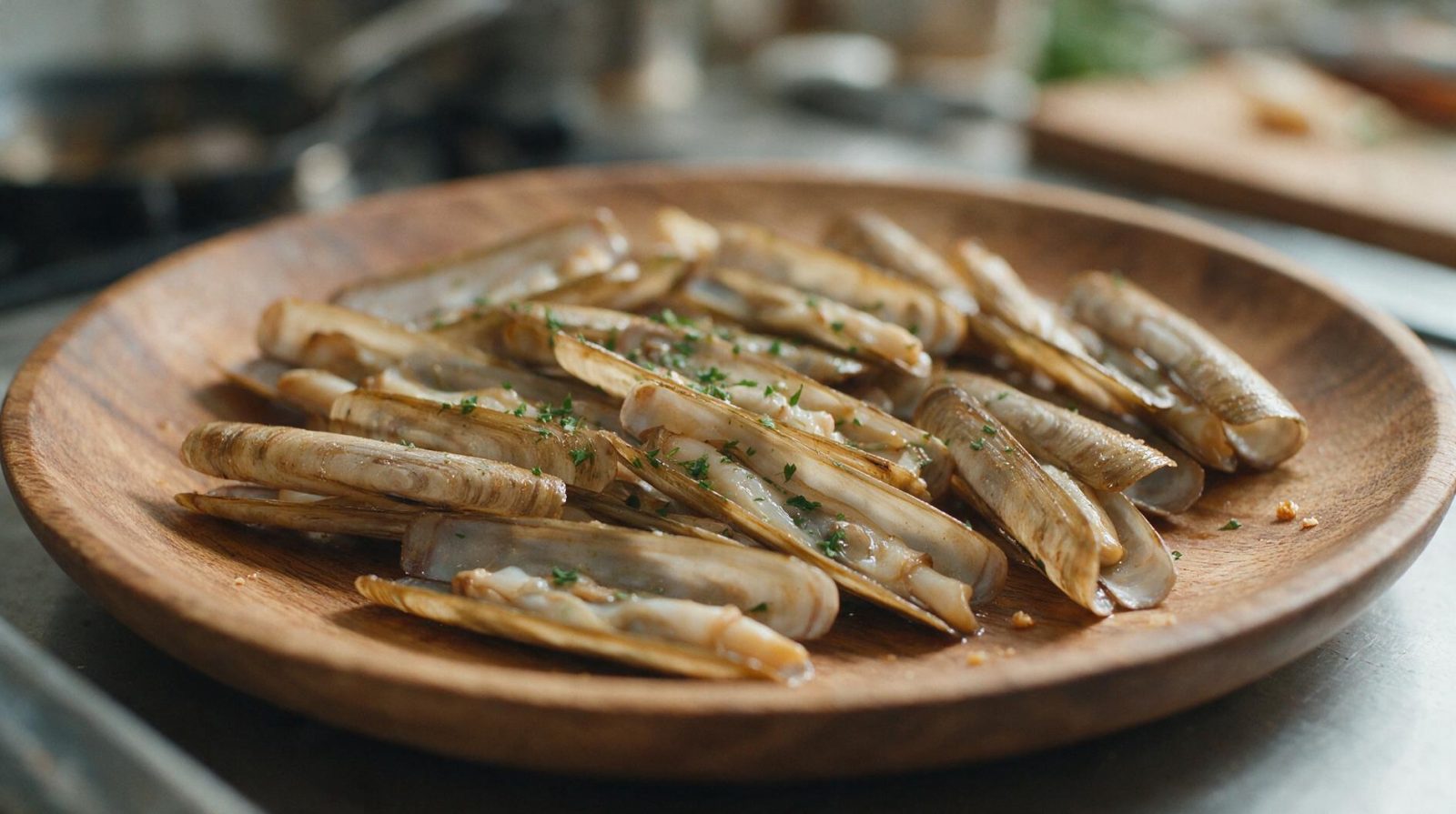Gros plan de couteaux de mer cuits sur une assiette en bois rustique, avec des herbes fraîches en garniture.