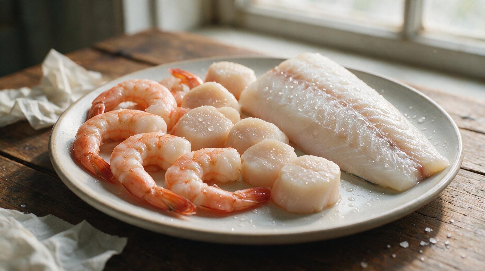 Un plat de fruits de mer décongelés, comprenant des crevettes et des noix de Saint-Jacques, sur une table en bois.