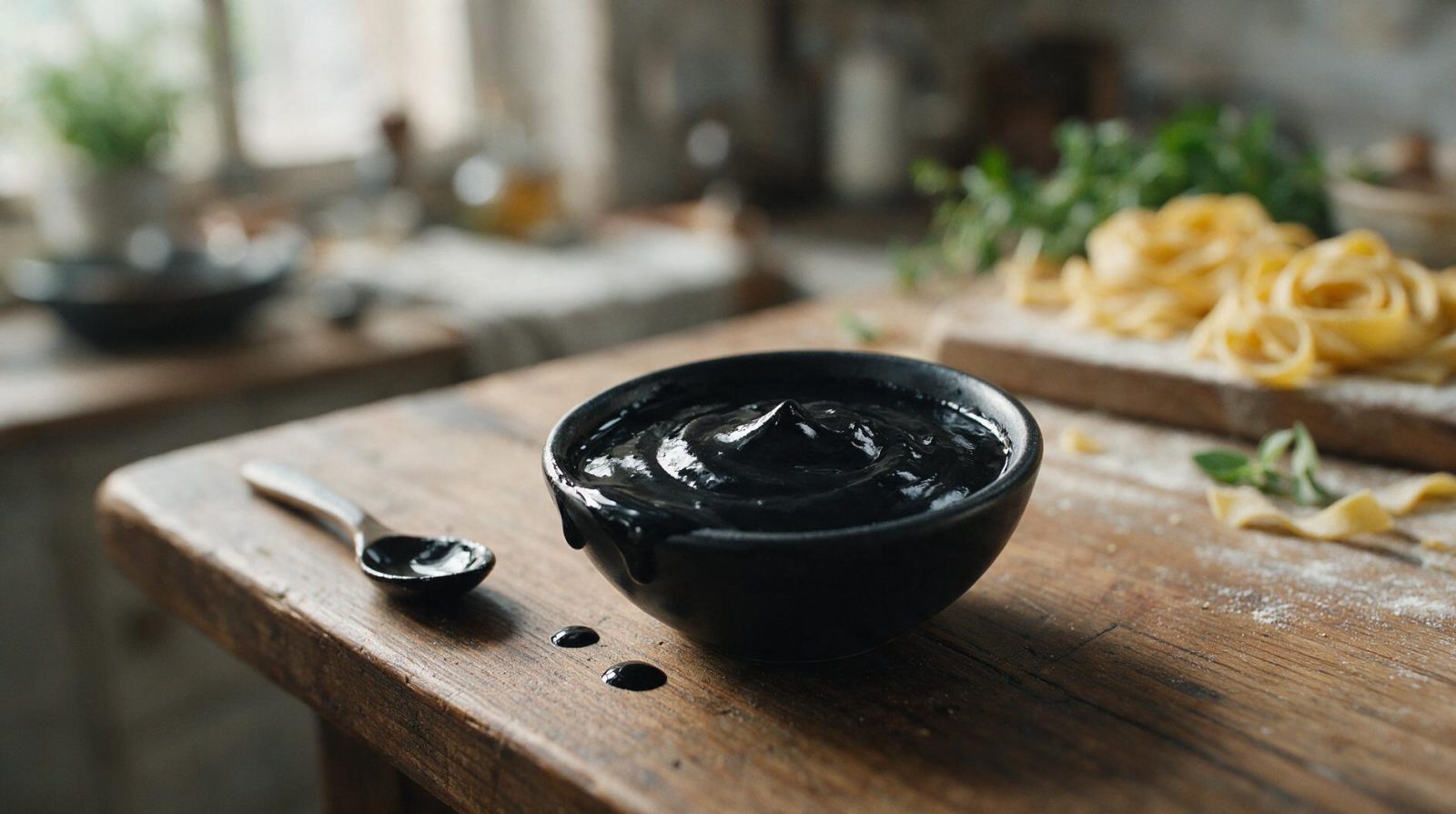 Un bol noir rempli d'encre de seiche sur une table en bois rustique, avec des pâtes fraîches floues en arrière-plan.