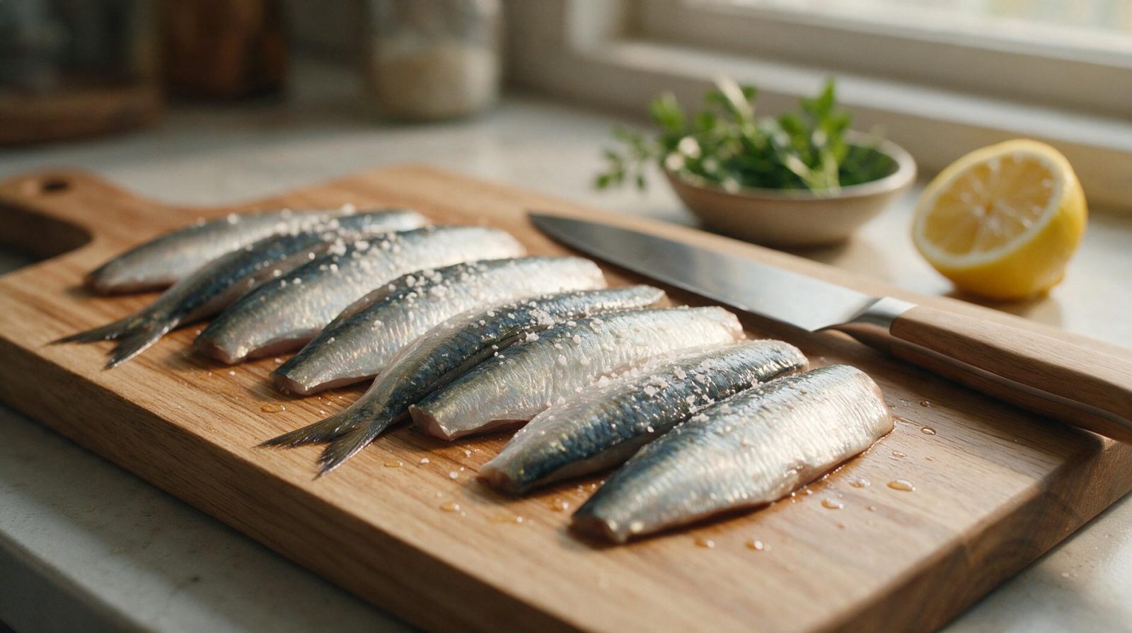 Gros plan de filets de sardines fraîches sur une planche en bois avec un couteau et des herbes en arrière-plan.