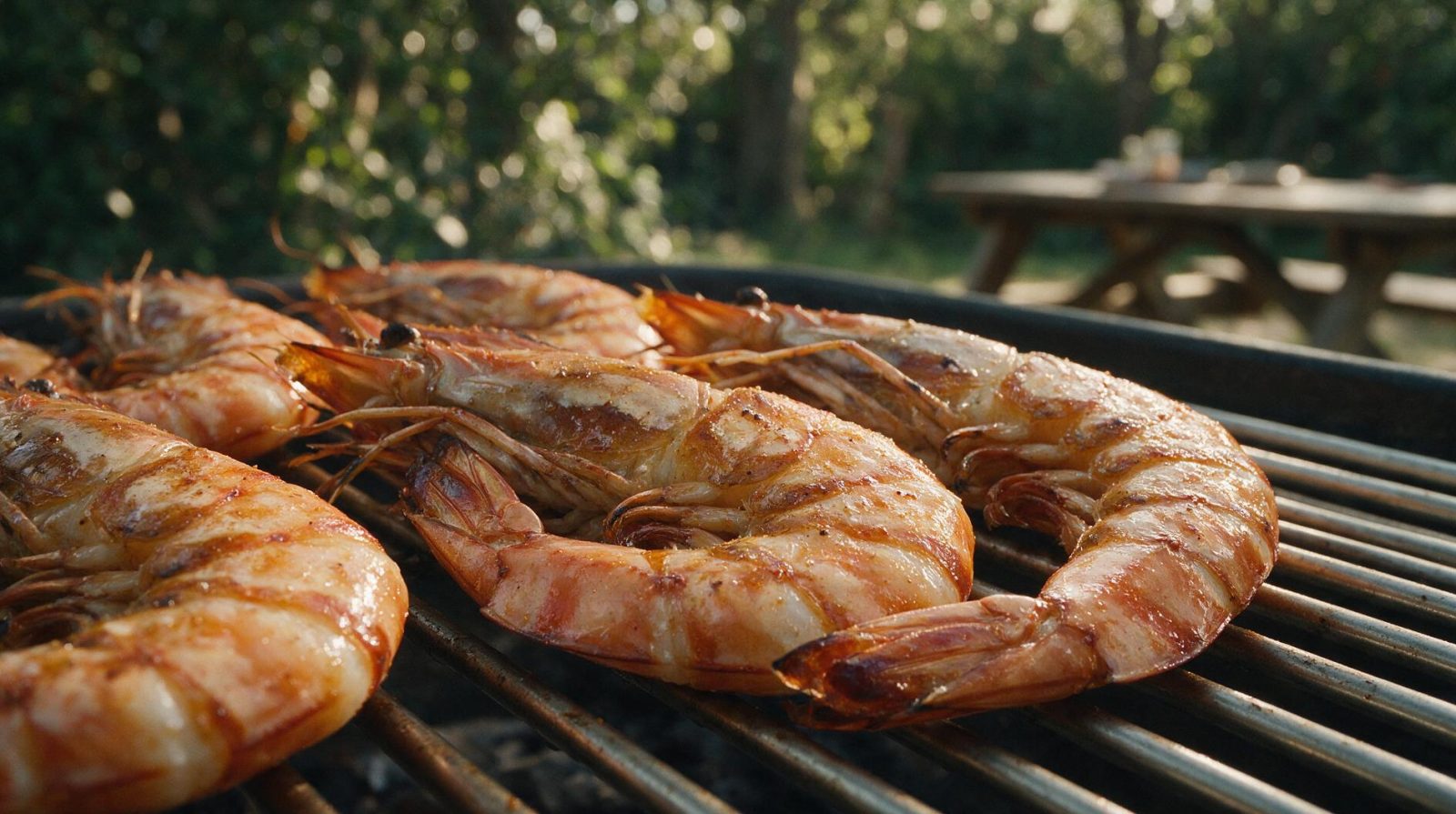Gambas grillées parfaitement dorées sur un barbecue, lumière douce du soir en arrière-plan.