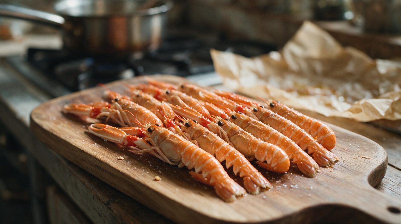 Langoustines fraîchement cuites sur un plat en bois, avec une légère brillance d'huile d'olive et sel de mer.