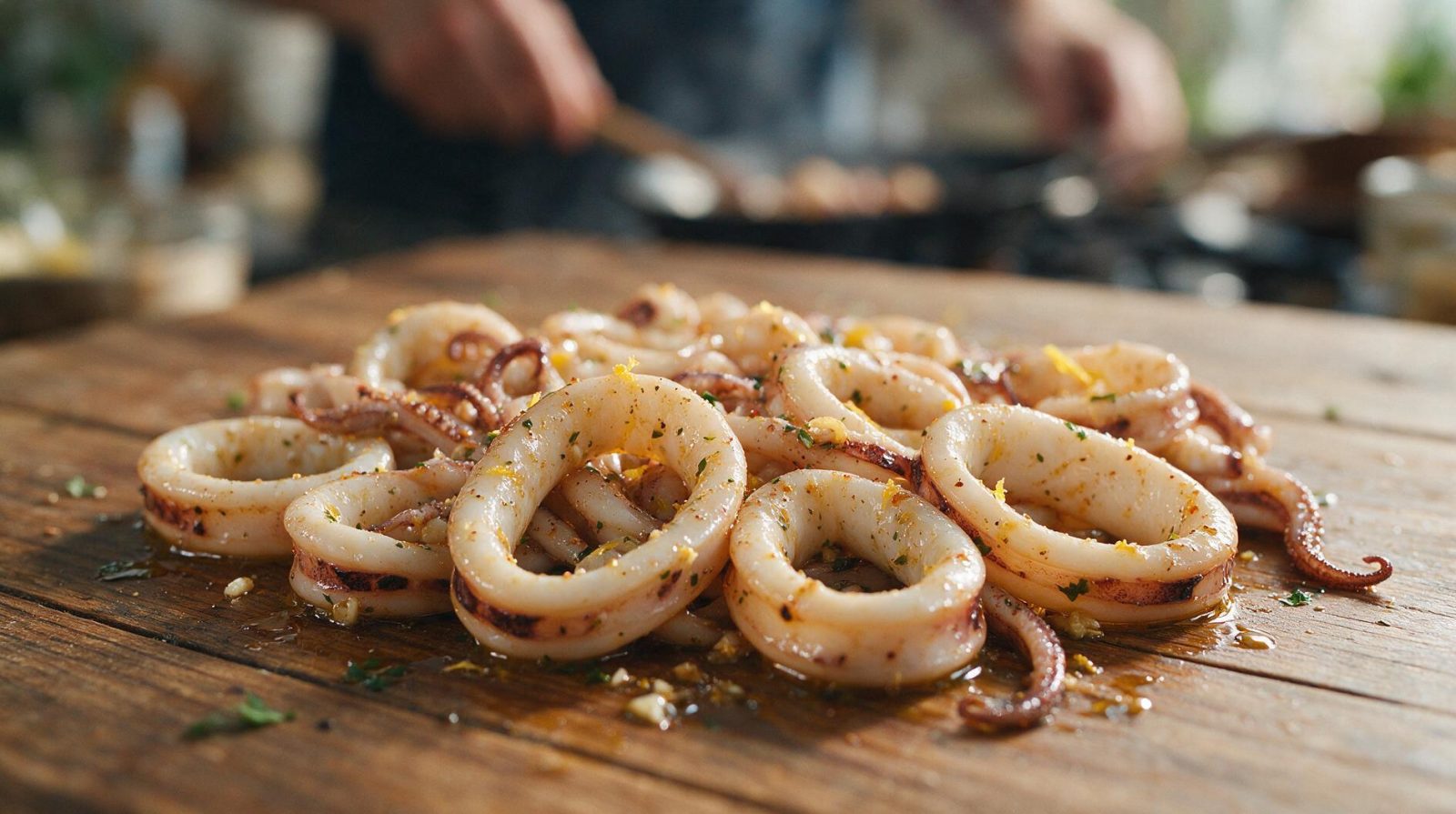 Anneaux de calamars frais marinés délicatement présentés sur une table en bois rustique.