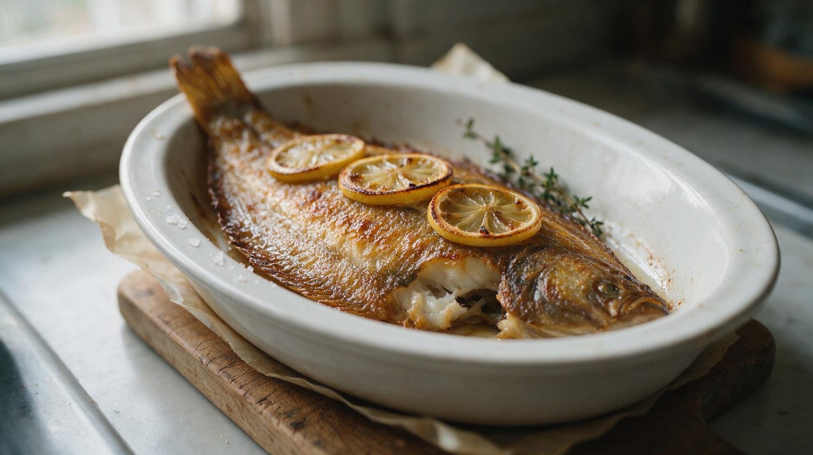 Sole entière dorée au four dans un plat en céramique blanche, tranches de citron caramélisées, thym frais.