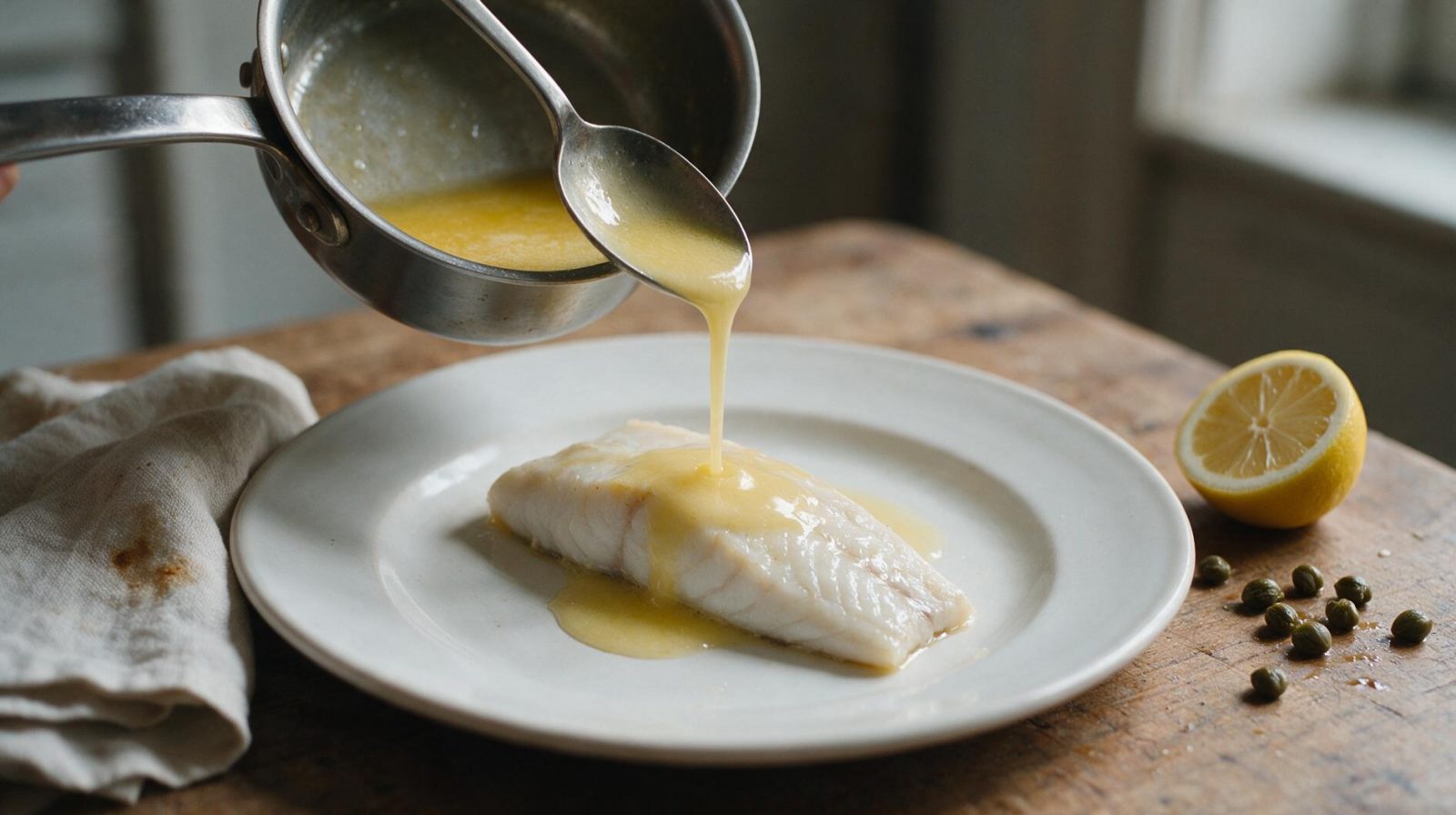 Sauce au beurre versée sur un filet de poisson blanc dans une assiette blanche, table en bois, lumière naturelle.