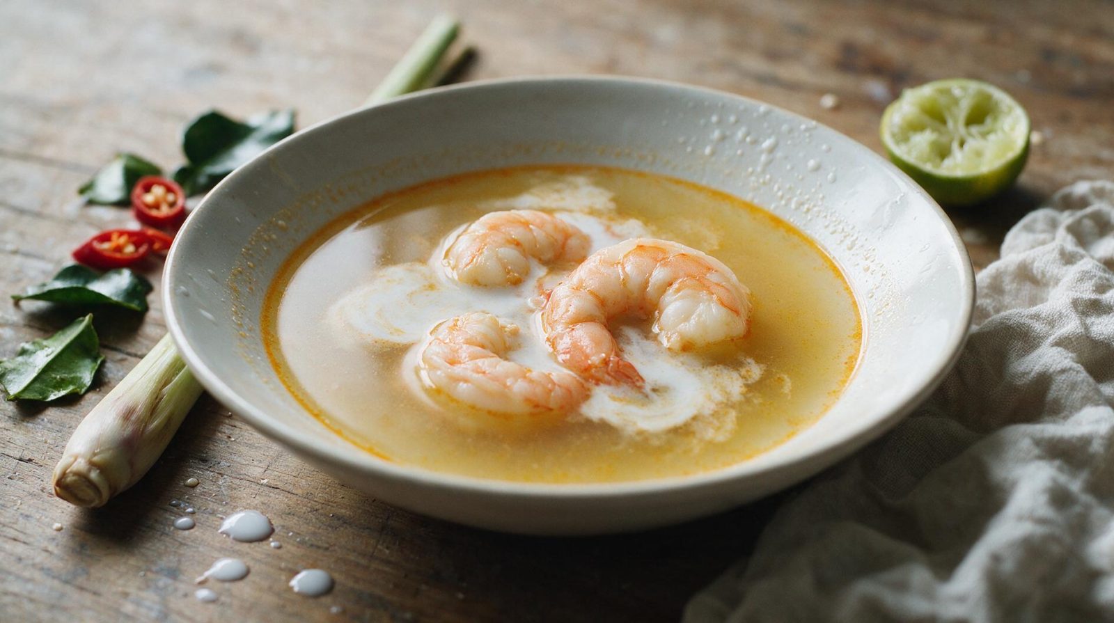 Bol de soupe thaï aux crevettes pochées, bouillon doré au lait de coco, citronnelle et piment rouge sur table en bois.