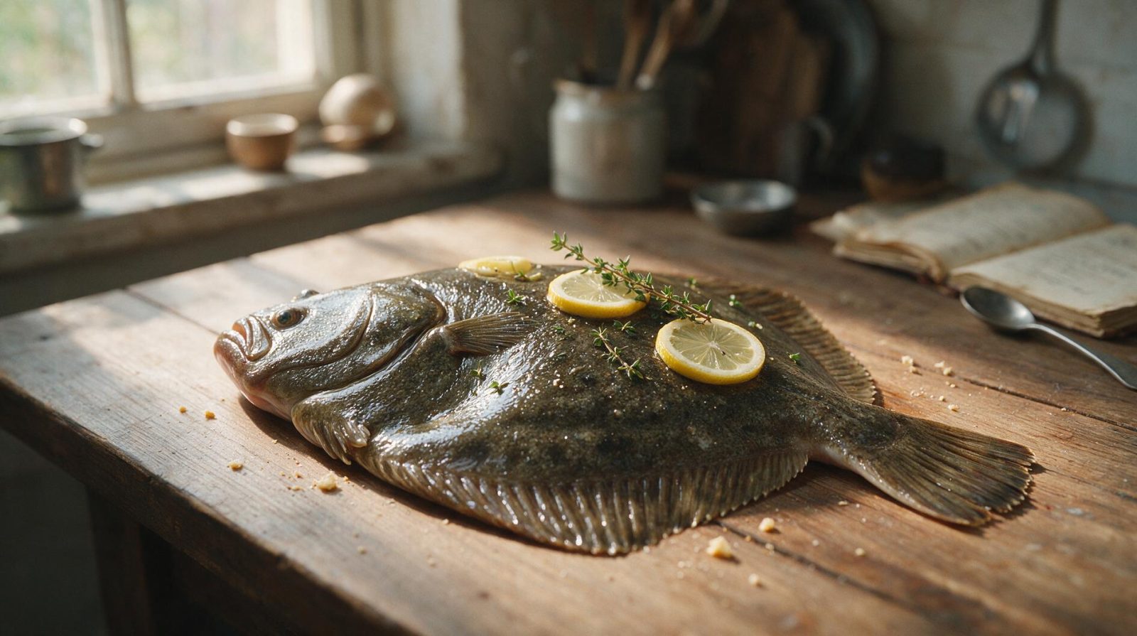 Un turbot frais agrémenté de tranches de citron et de thym sur une table en bois rustique.