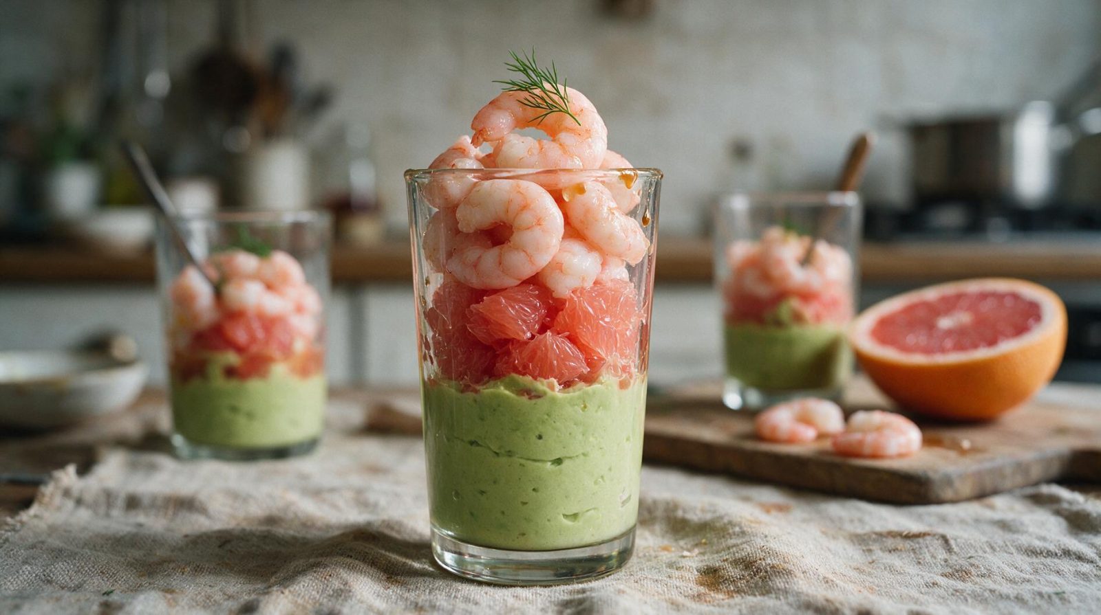 Verrine apéritive en verre avec couche d'avocat, suprêmes de pamplemousse rose et crevettes, brin d'aneth sur le dessus.