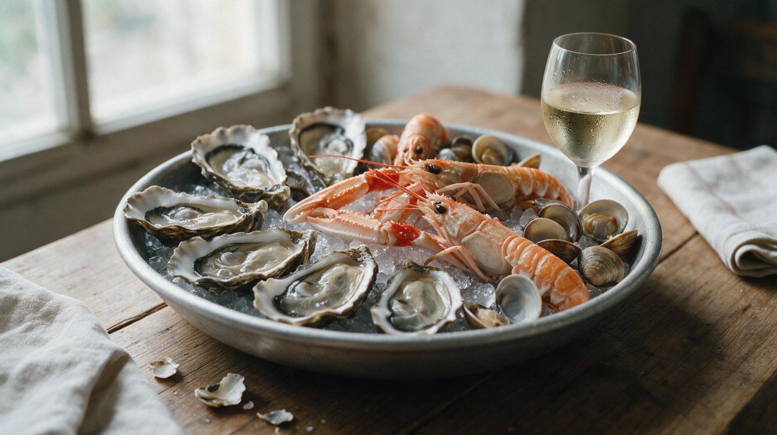 Plateau de fruits de mer avec huîtres, langoustines et palourdes sur glace pilée, verre de vin blanc posé à côté.